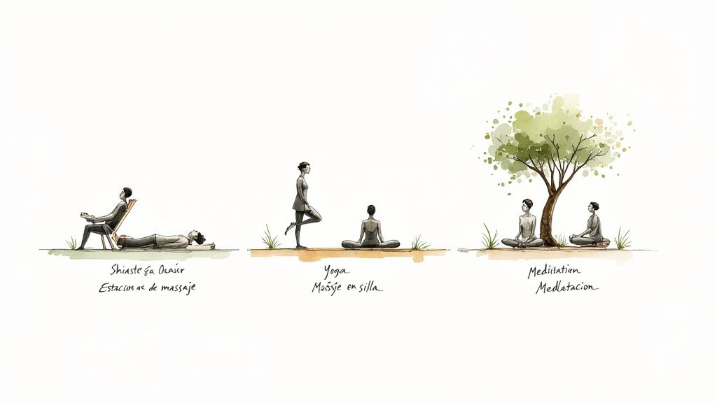 Ilustración de personas realizando shiatsu, yoga y meditación, promoviendo bienestar y relajación.