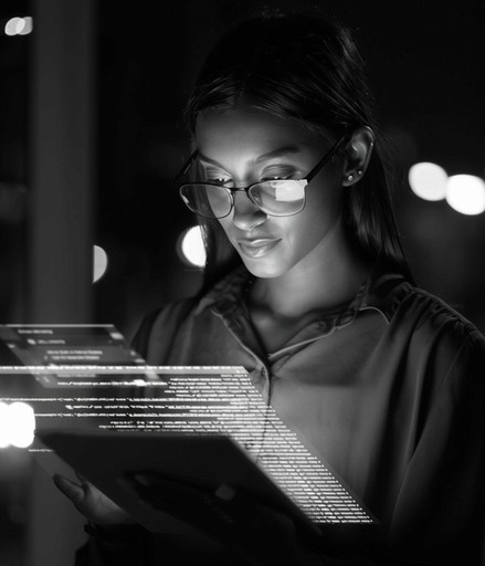 Woman reviewing holographic data on a tablet, representing digital innovation, cybersecurity, and identity verification with Profiled Nigeria.