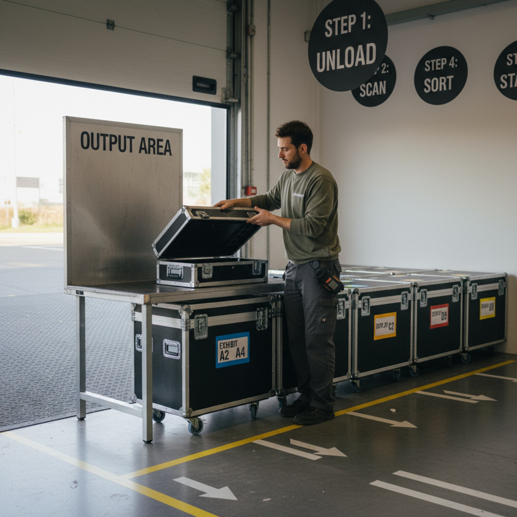 An der Rampe steht ein Rolltisch mit markierter Ausgabefläche, Cases werden in einer Linie bereitgestellt. Ein Mitarbeiter hebt den Deckel leicht an und liest eine Seriennummer auf einer Plakette ab. Große, gut sichtbare Zone-Beschriftungen ordnen die nächsten Schritte. Alles wirkt präzise und nachvollziehbar.