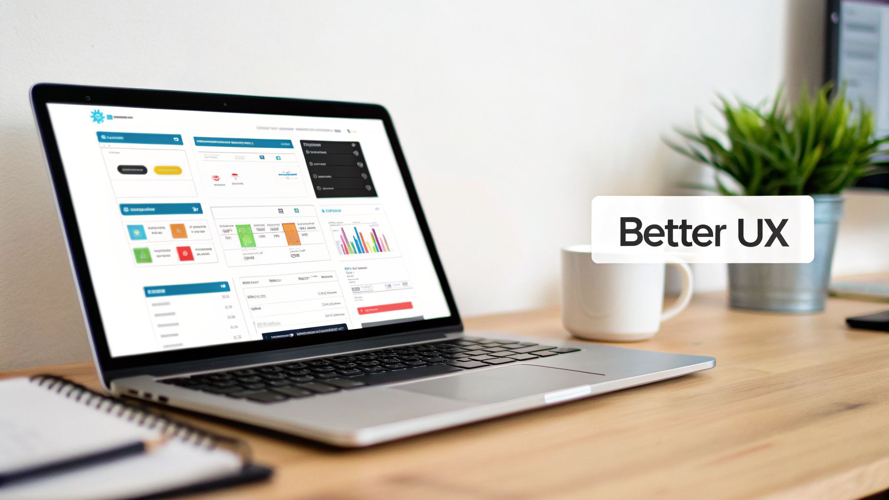 A laptop on a wooden desk displays a complex dashboard interface, with a 'Better UX' overlay, a mug, and a plant.