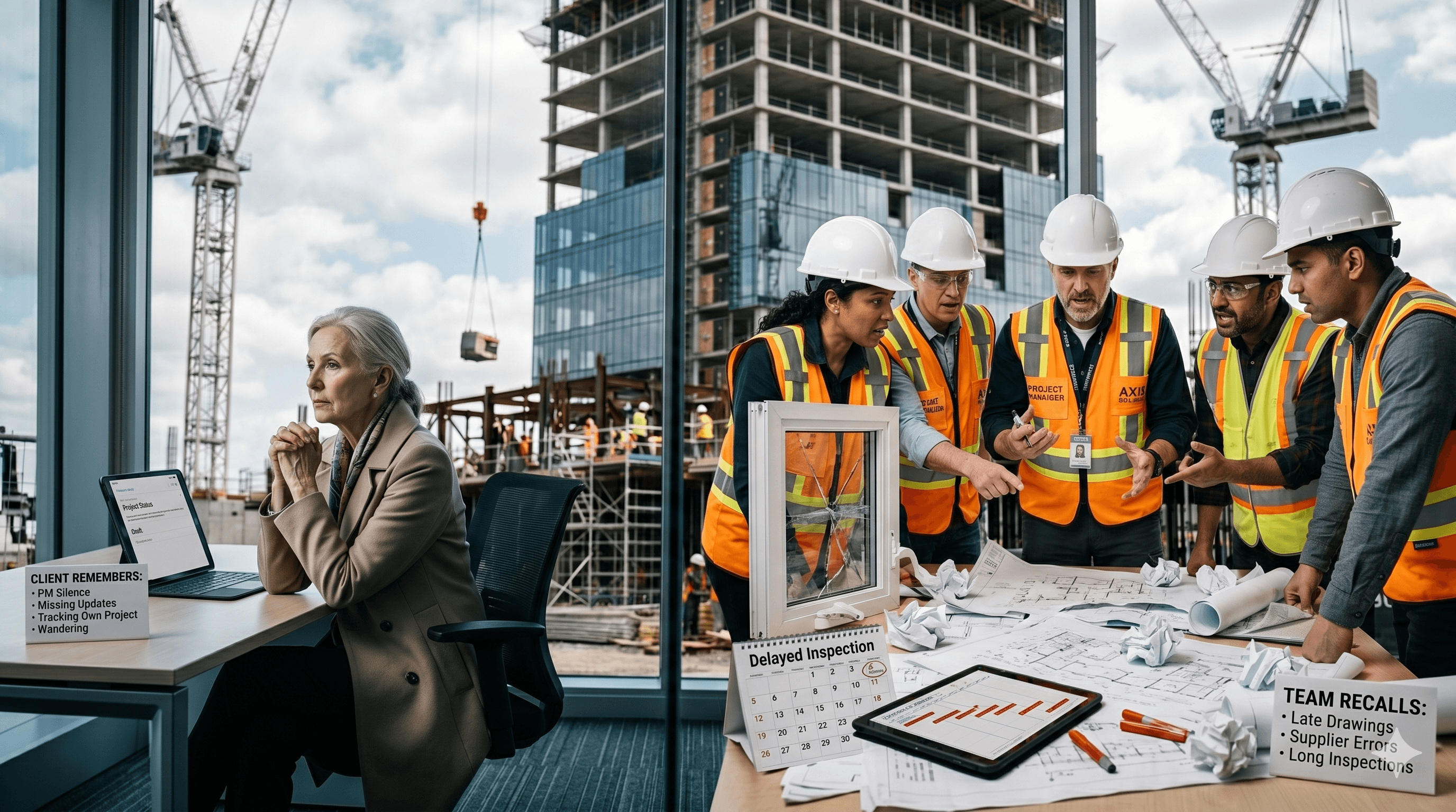 Conceptual split-scene contrasting a stressed corporate client tracking project updates with a construction management team discussing delayed drawings and site inspections.