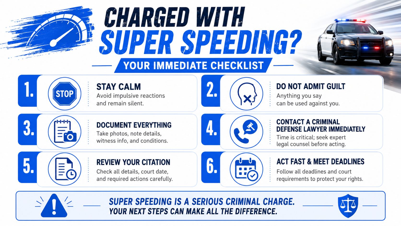 An infographic titled Charged With Super Speeding providing a six-step checklist for drivers facing criminal speeding charges.