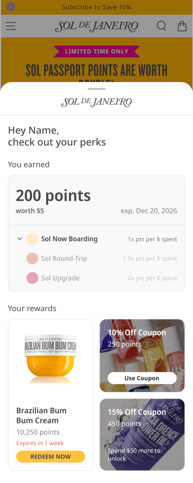 mobile UI showing the loyalty widget with a cosmetic store branding applied