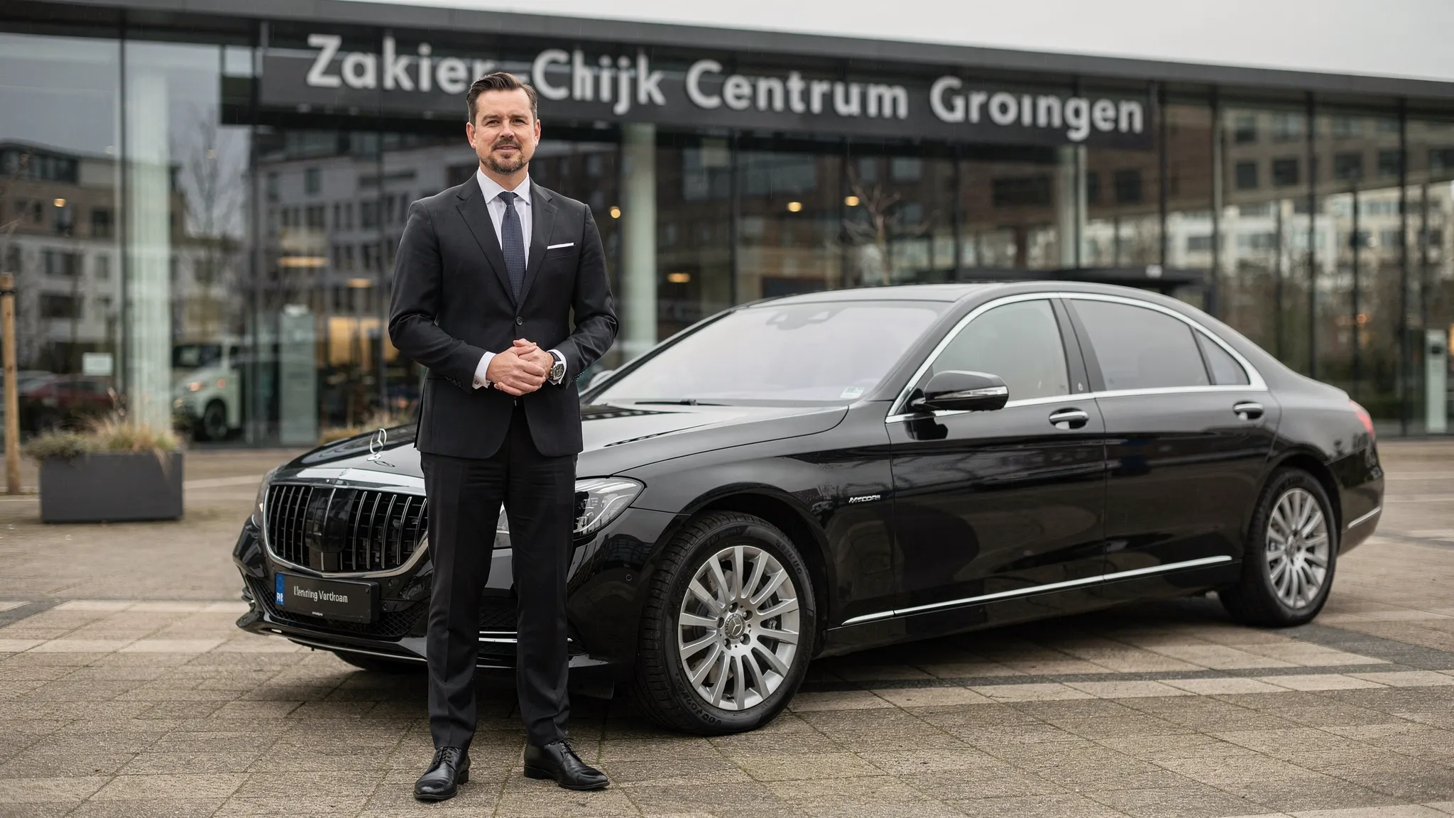 Een representatieve privéchauffeur staat naast een luxe sedan voor een zakelijke locatie in Groningen, met een rustige en professionele uitstraling.