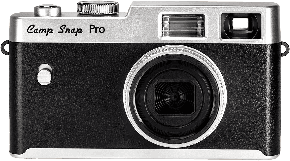 Camp Snap CS-Pro camera, a retro silver and black compact camera with a central lens and top flash, shown from the front.