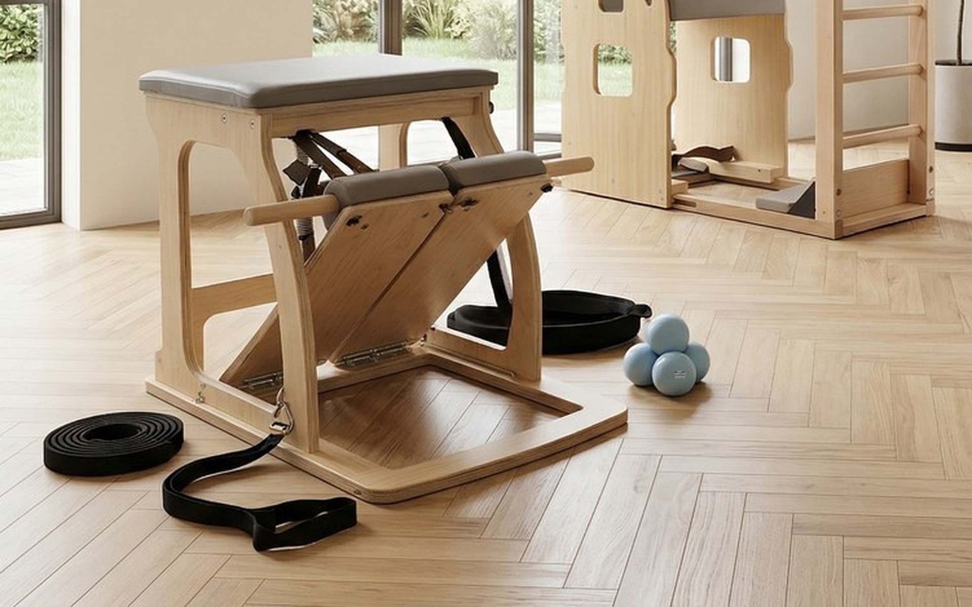 Chaise de Pilates Compacte — Érable, chaise de Pilates en érable dans un studio de Pilates professionnel
