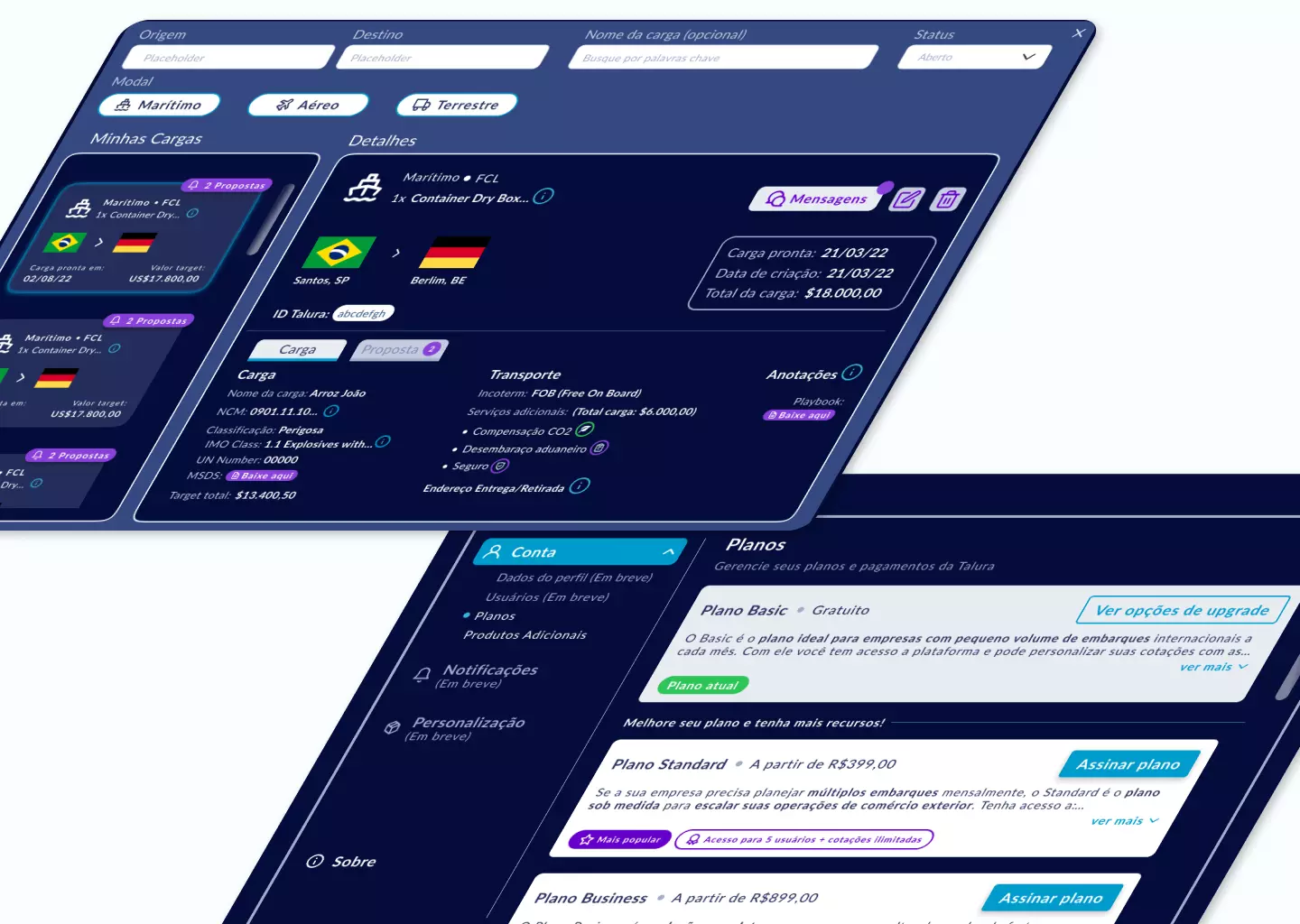 imagem exibindo telas da aplicação web criada no projeto, no caso tela de painel de contratações e tela de planos de pagamento