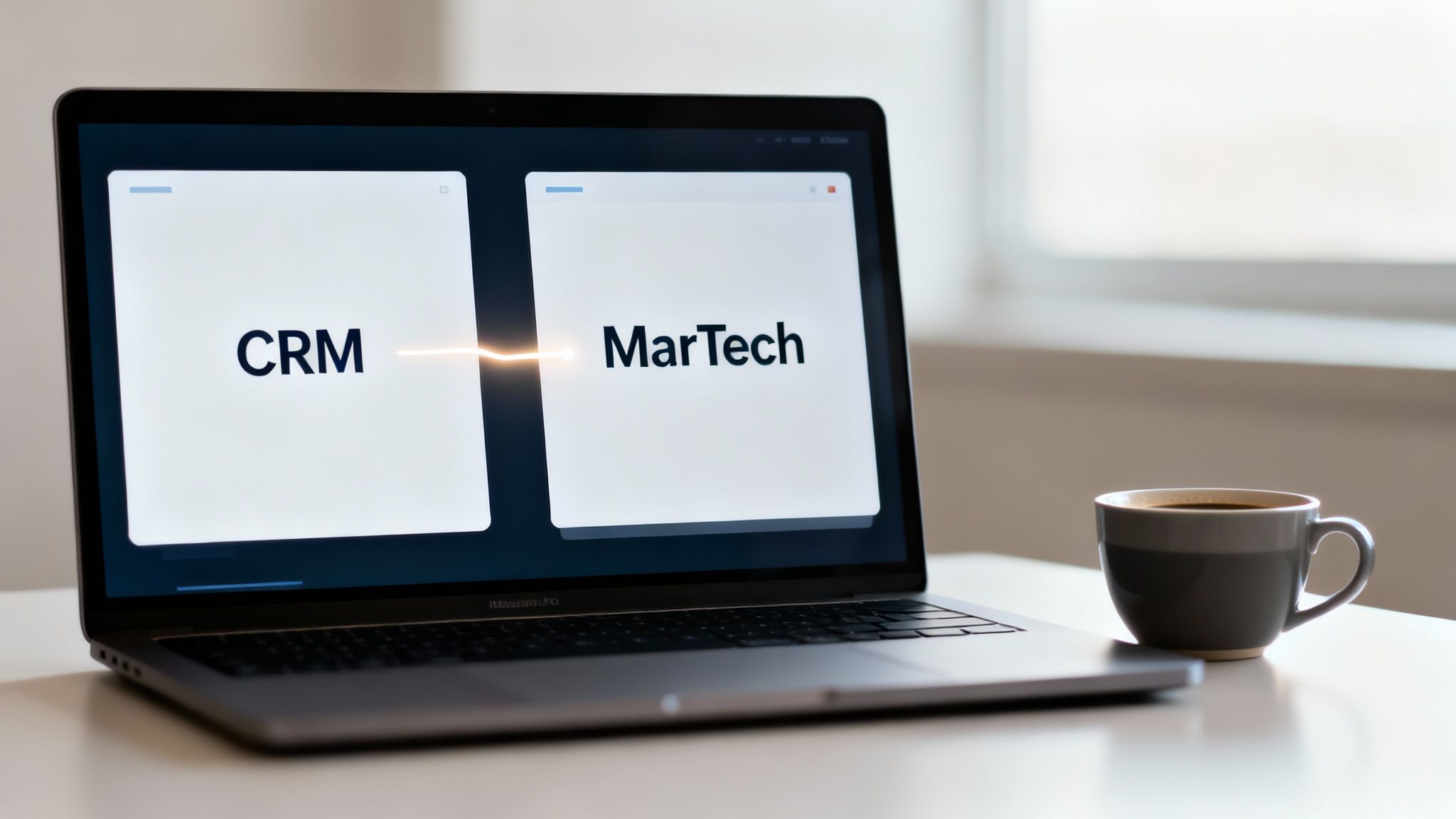 A laptop screen shows CRM and MarTech connected by a glowing line, with a coffee cup nearby.