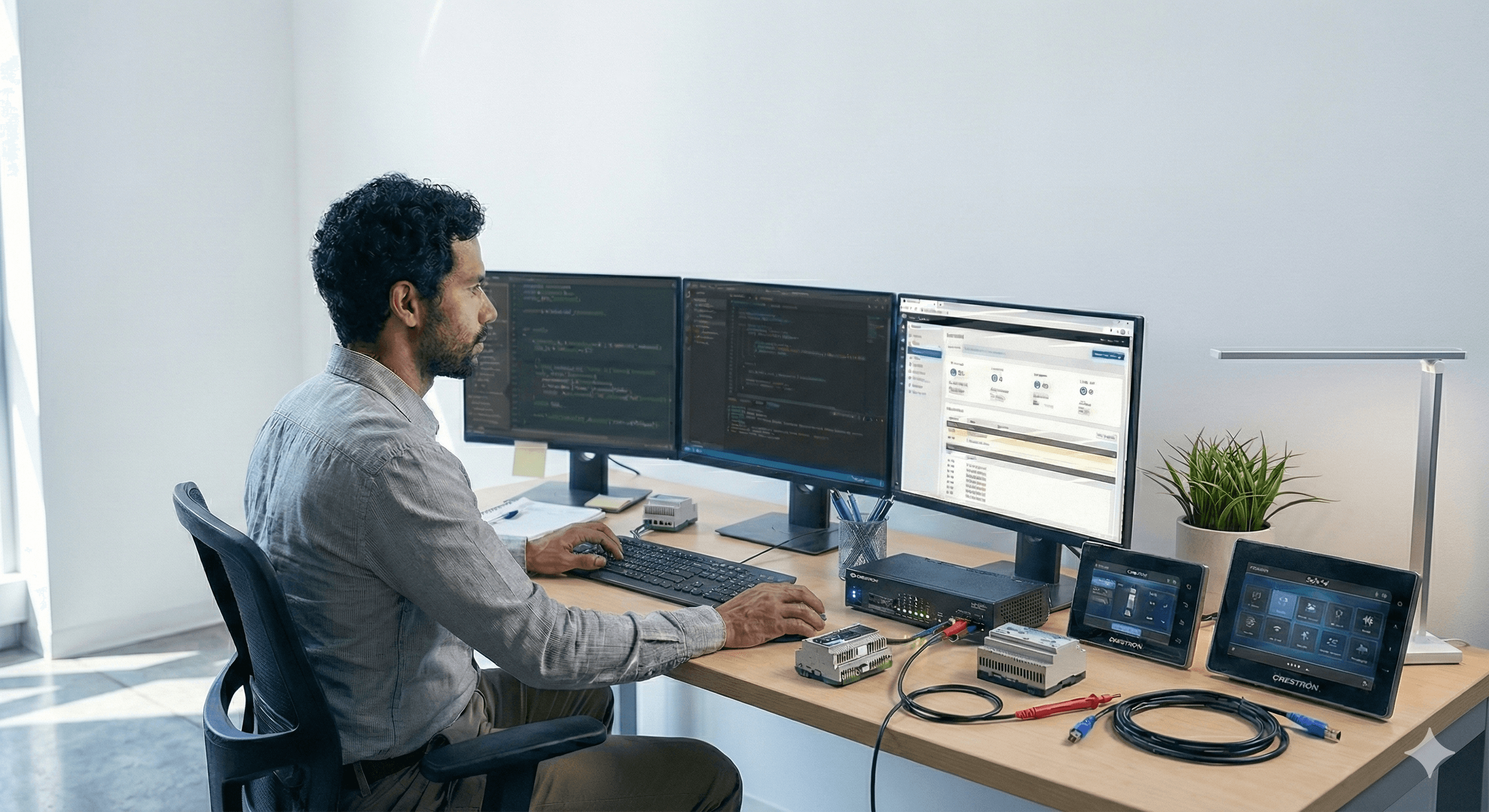 Creative workspace with large windows and a wall full of inspiration boards.