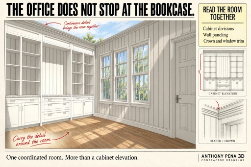 Office cover showing a three-bay bookcase beside a paneled wall with three windows.