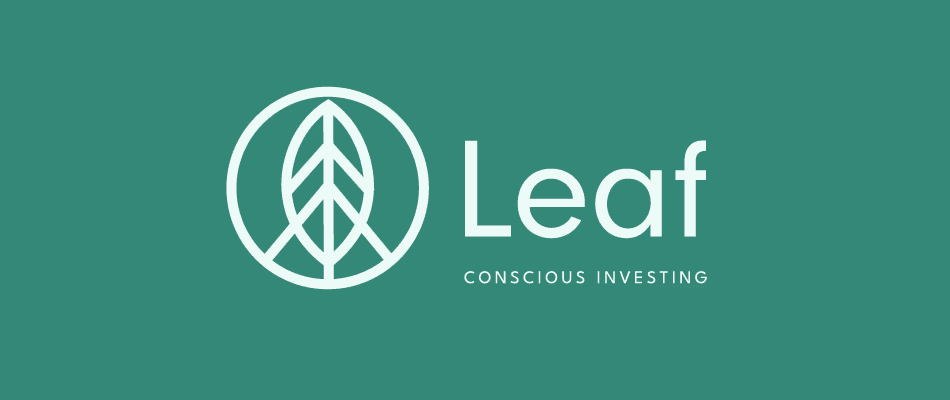 An image of a white logo from Leaf a sustainable investing company on a dark green background