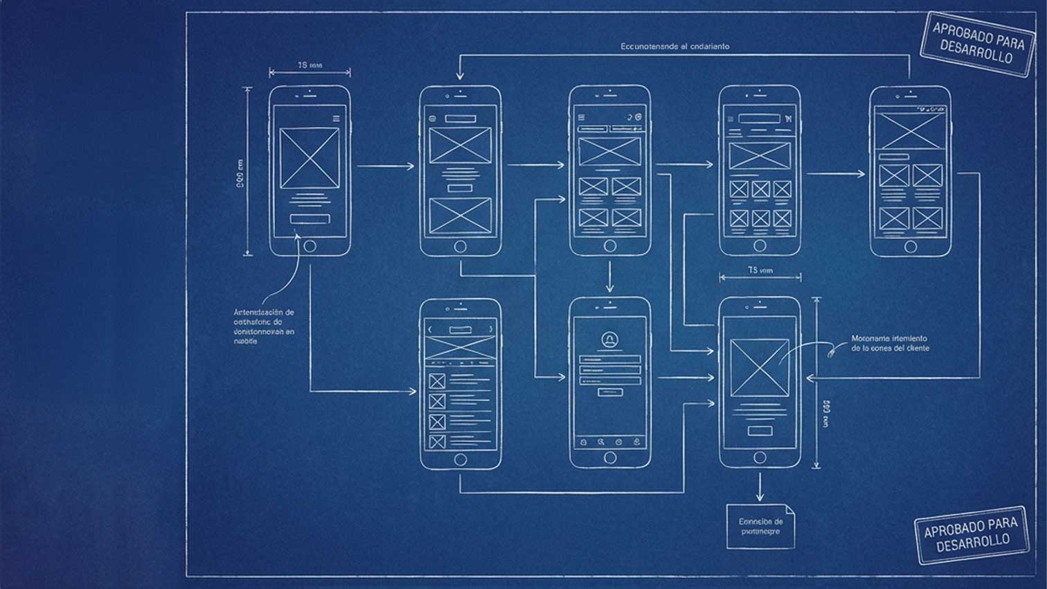 Blueprint técnico de smartphone con wireframes de baja fidelidad y flujos de navegación detallados bajo el estándar "Listo para desarrollo".