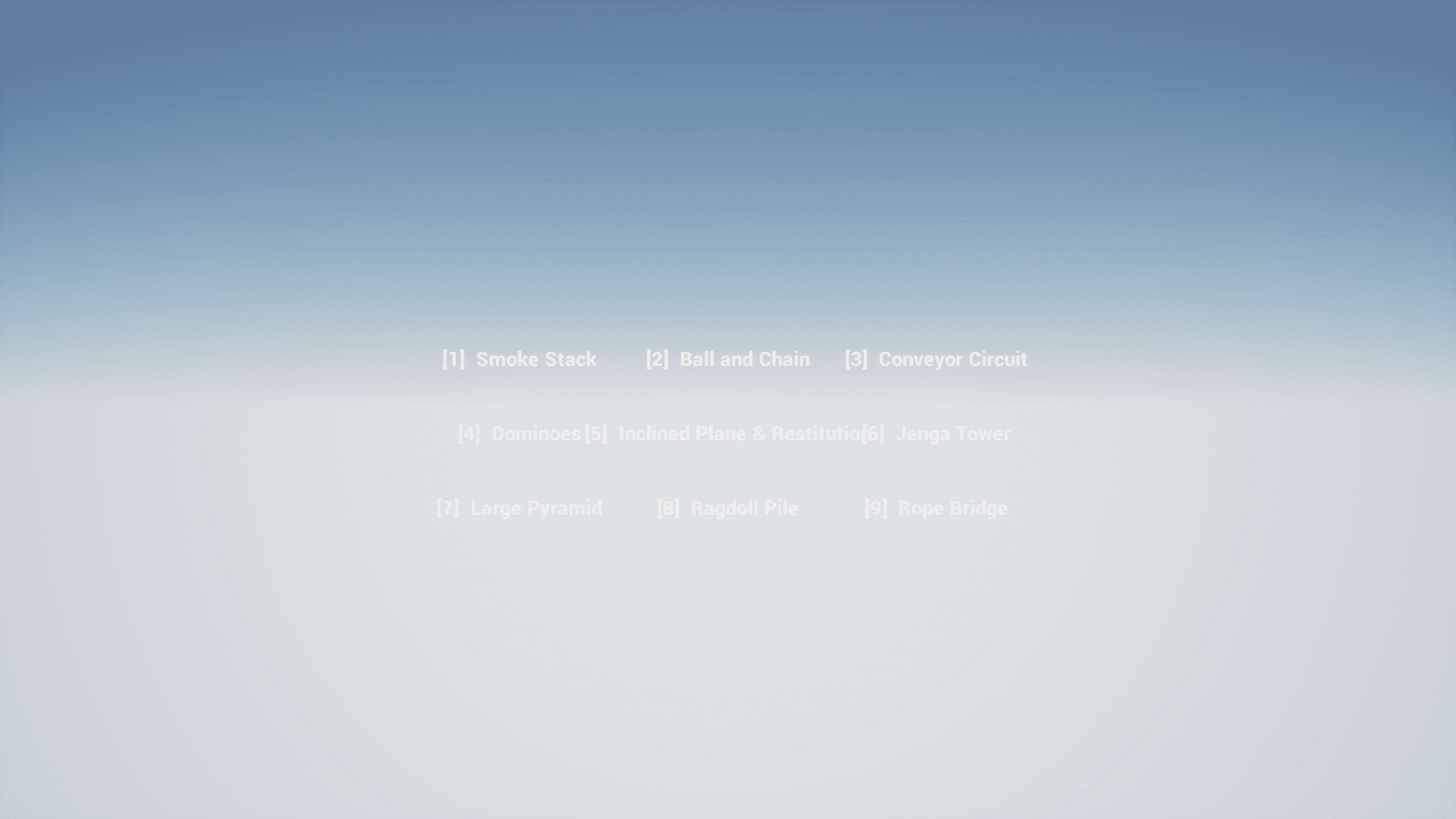The Box3D demo hub map, the entry point to all twelve demo levels