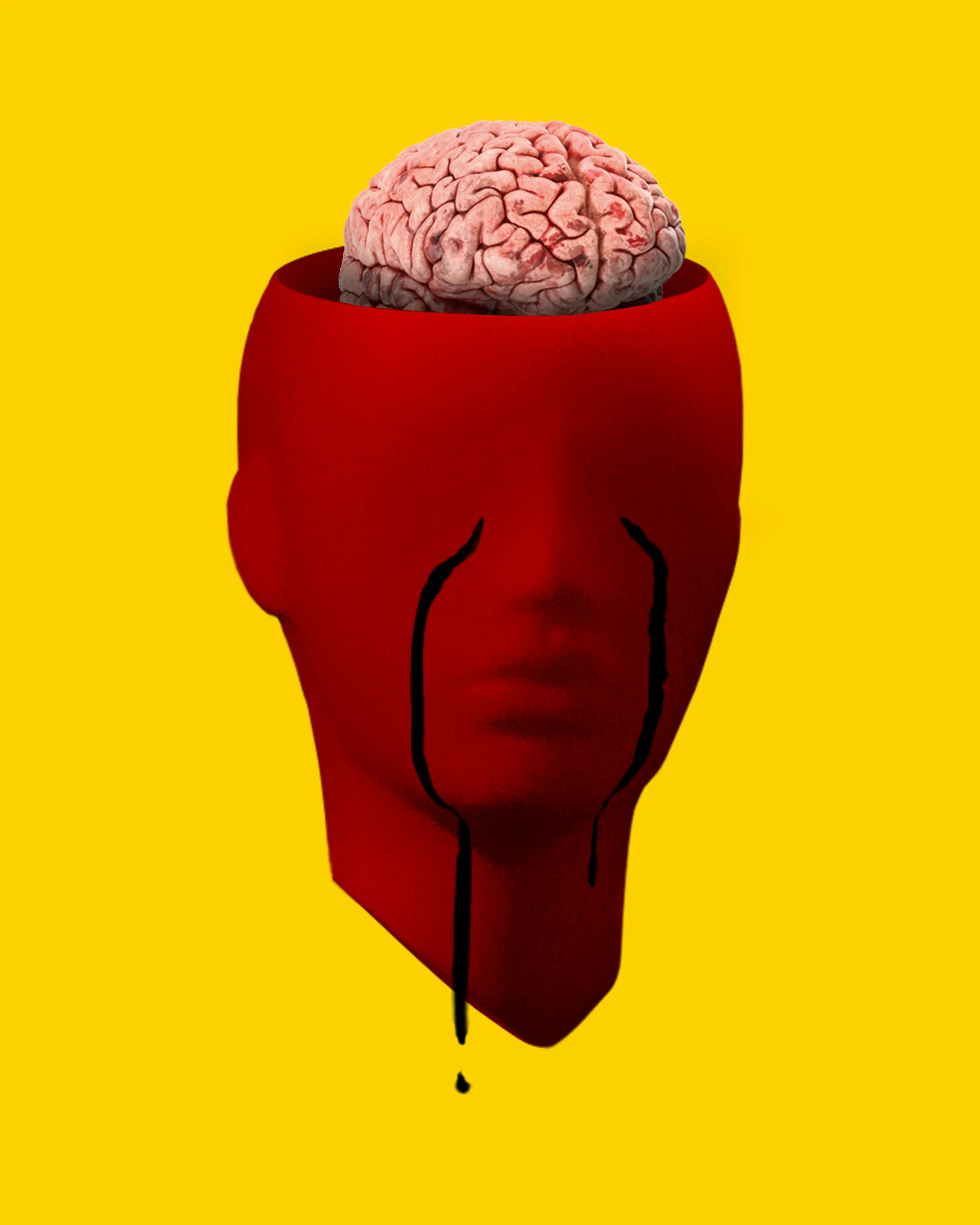 Surreal illustration of a red human head with an exposed brain against a bright yellow background, symbolizing AI anxiety, mental health concerns, overthinking, and fear of technological change.
