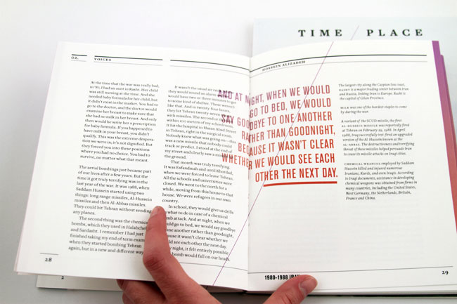 A hand holds open an open book displaying two pages. The left page contains text discussing the aftermath of World War II, including mentions of bombings, refugee camps, and chemical weapons. The right page features a large red text block that reads “AND AT NIGHT, WHEN WE WOULD GO TO BED, WE WOULD GOODBYE TO ONE ANOTHER RATHER THAN GOODNIGHT, BECAUSE IT WASN’T CLEAR WHETHER WE WOULD SEE EACH OTHER THE NEXT DAY.” The book’s title “TIME PLACE” is visible at the top right. Page numbers 28 and 29 are visible at the bottom of each page.
