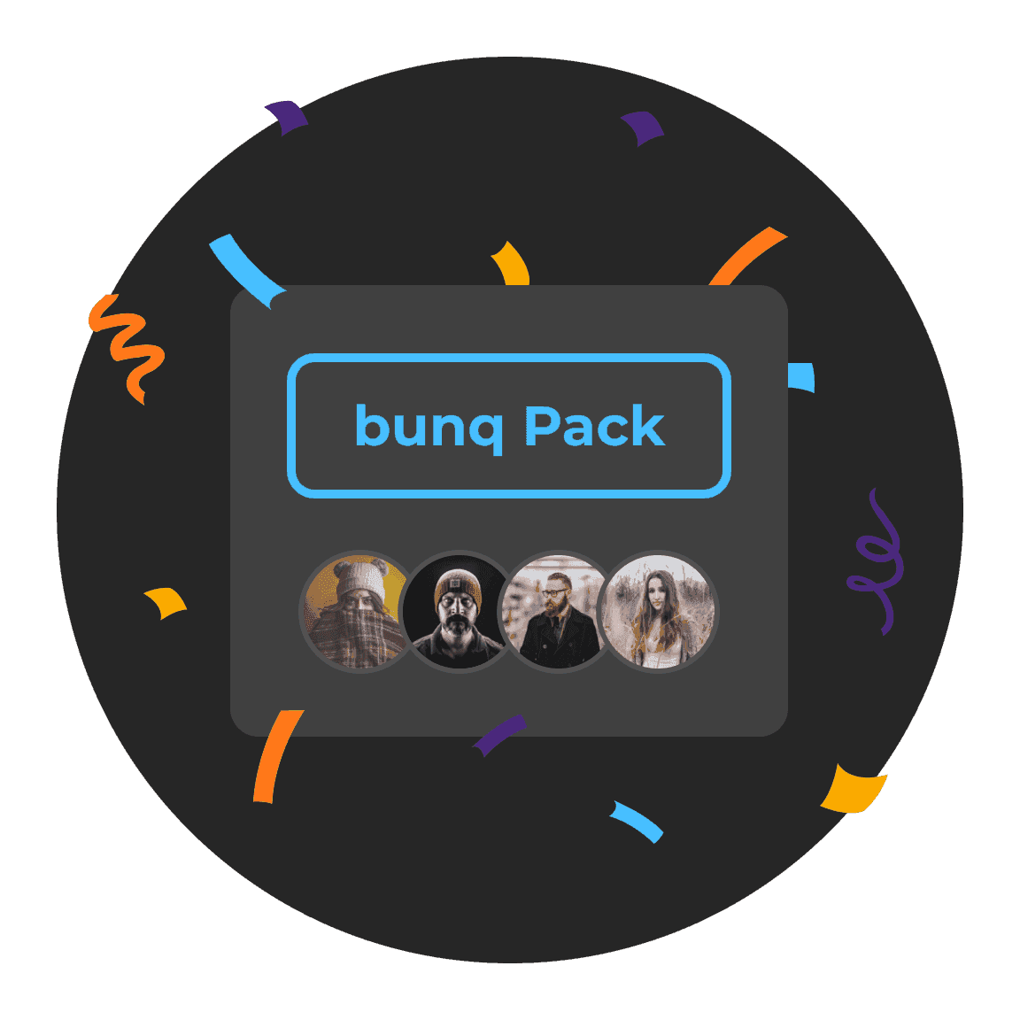 Afbeelding toont een grafische weergave met de tekst "Young Pack", omringd door een cirkelvormig ontwerp met kleurrijke confetti.