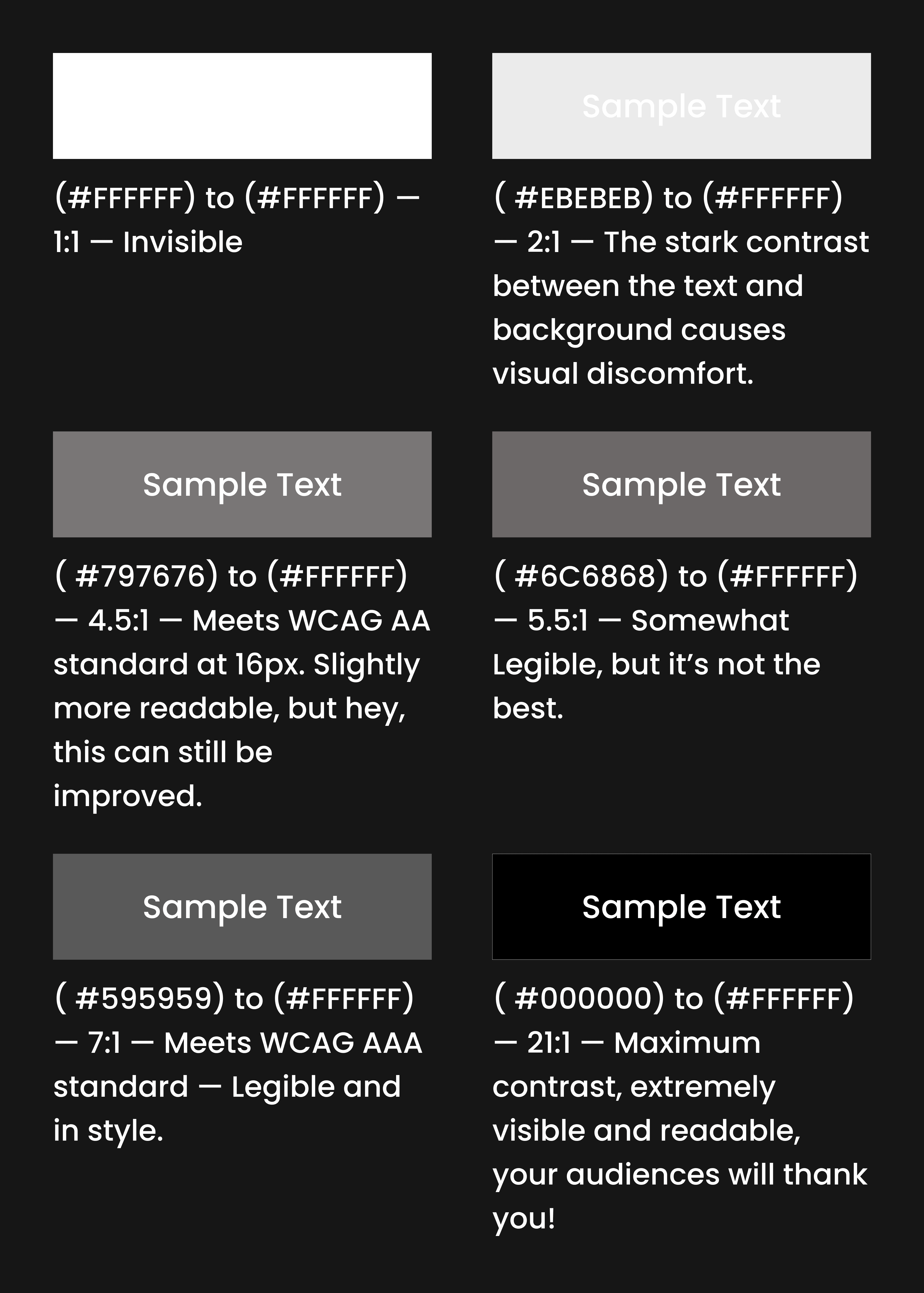 Showing cheat sheet contrast ratio samples