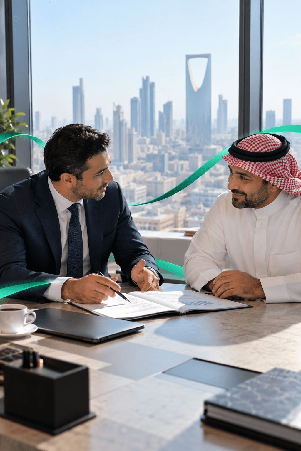 Finance advisors review business documents together in a Riyadh office.