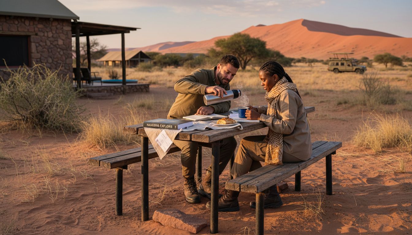 Travelers planning Namibia route at lodge