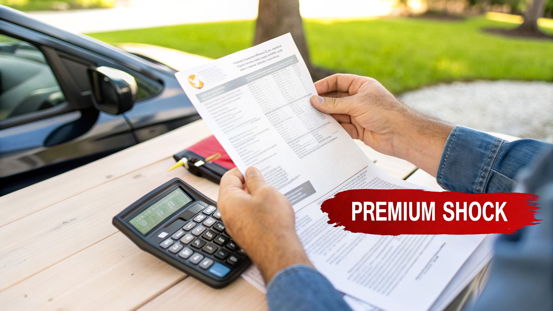 A man holds a bill with a calculator nearby, showing concern over the cost increase.