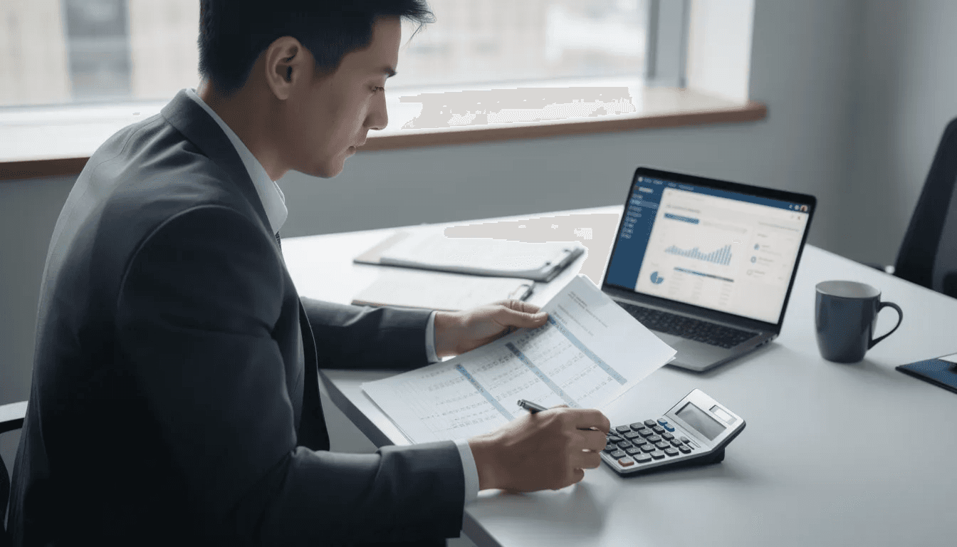A person is seated at a desk, intently reviewing financial documents and using a calculator, likely assessing their tax liability related to estate and inheritance taxes. The scene suggests a focus on understanding estate planning strategies and the implications of federal and state estate taxes on inherited assets.