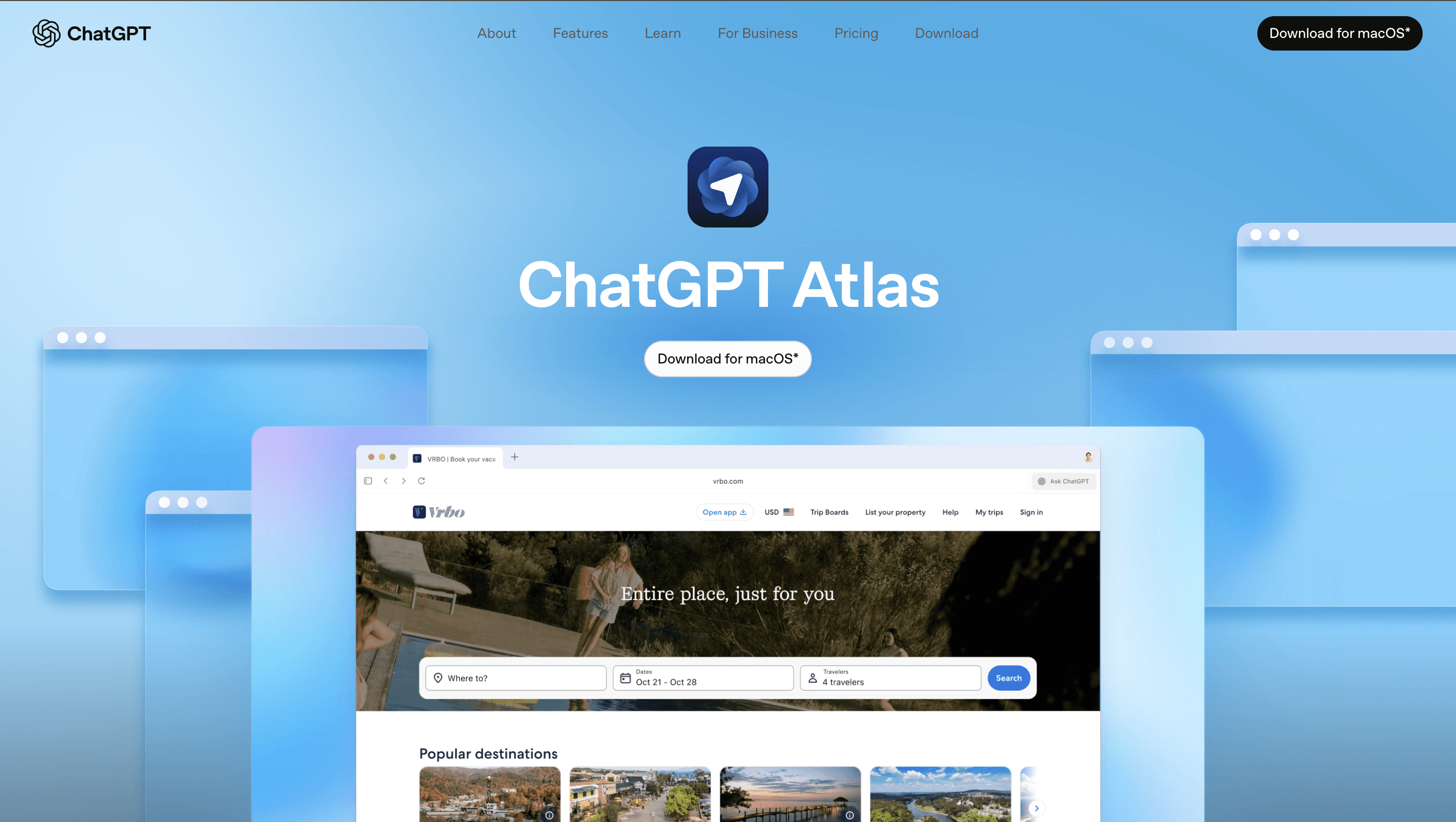 ChatGPT Atlas browser homepage showing the app icon and name with a download button for macOS, featuring browser windows in the background and a Vrbo vacation rental website displayed in the foreground | IDIGIU
