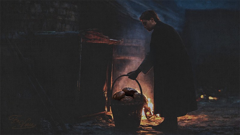 Sacred artwork by Faith and Verse. © Faith and Verse, 2025. All rights reserved. A figure in dark robes places bread into a basket outside a wooden door at night. Firelight from inside the dwelling illuminates his hands and the basket. The scene is painted in deep shadows with warm firelight creating intimate atmosphere. The composition emphasizes secrecy and humble service.