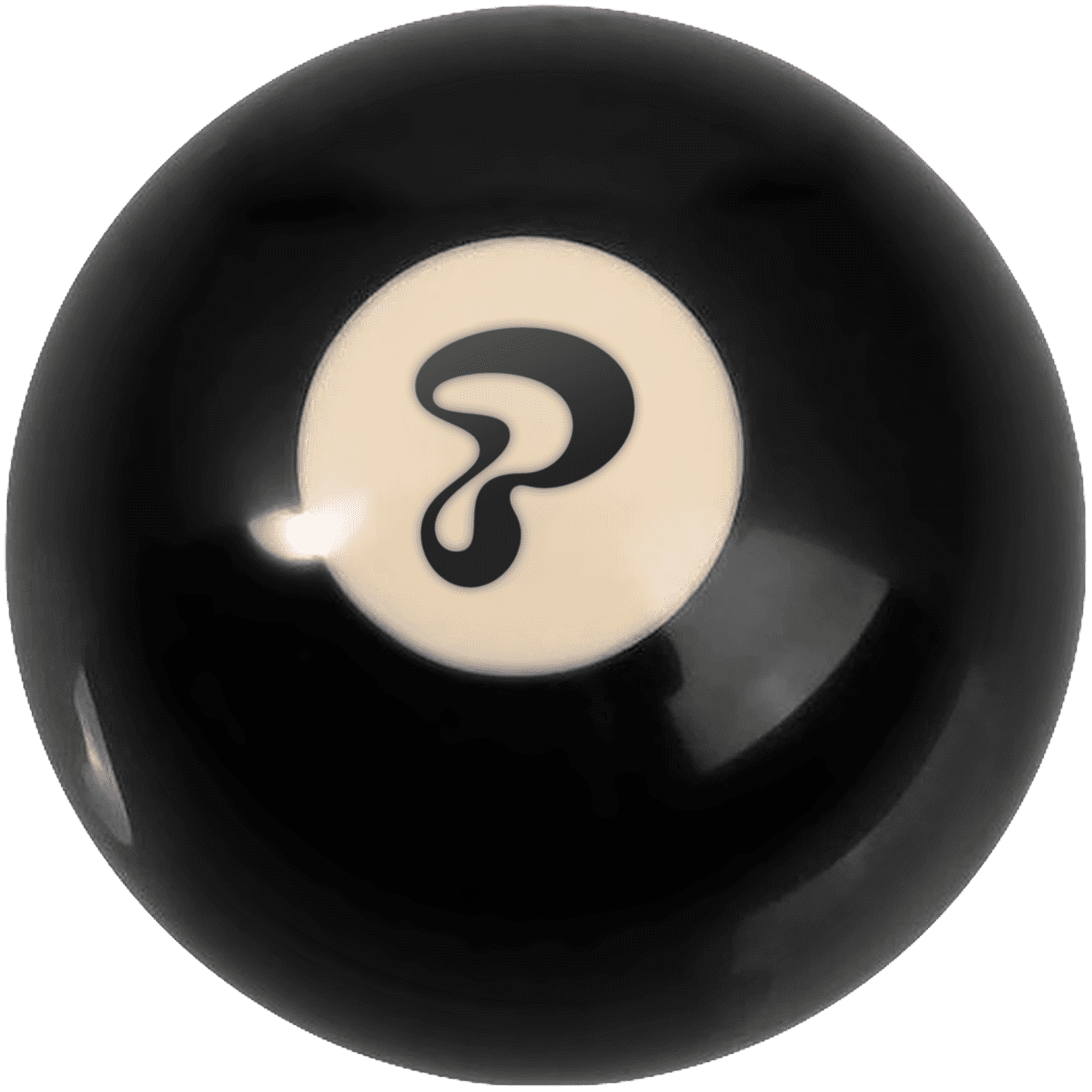 A close-up of an eight ball from a pool game, featuring a white circle with a black question mark.