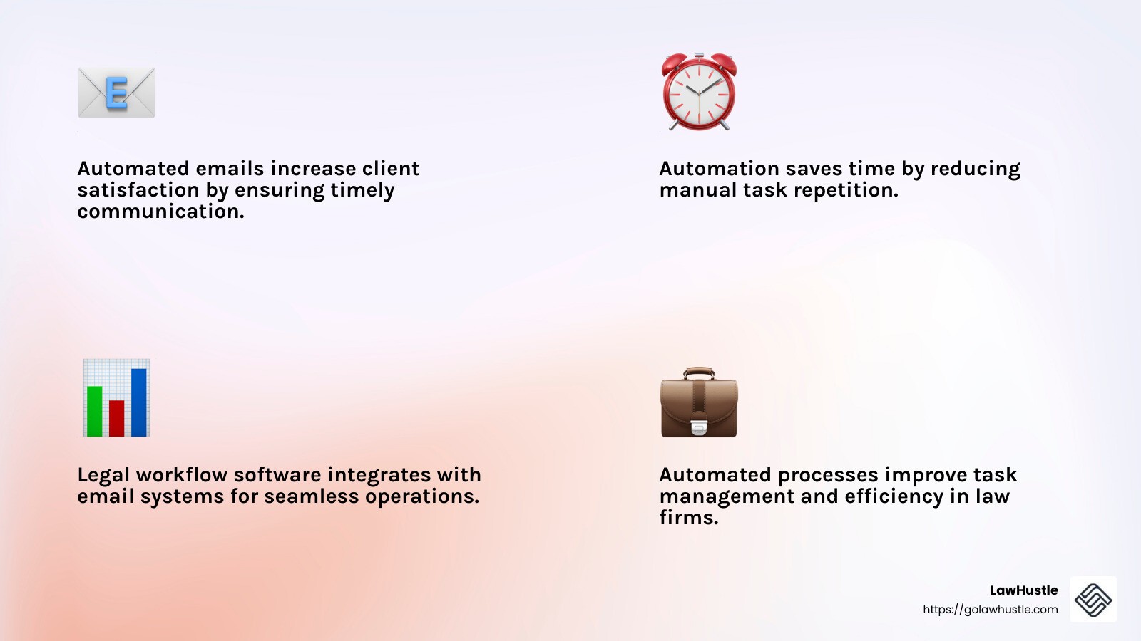 Lawmatics makes it super easy to create and send beautifully branded emails that show off our services and re-engages clients. - email workflow automation for legal professionals infographic 4_facts_emoji_light-gradient