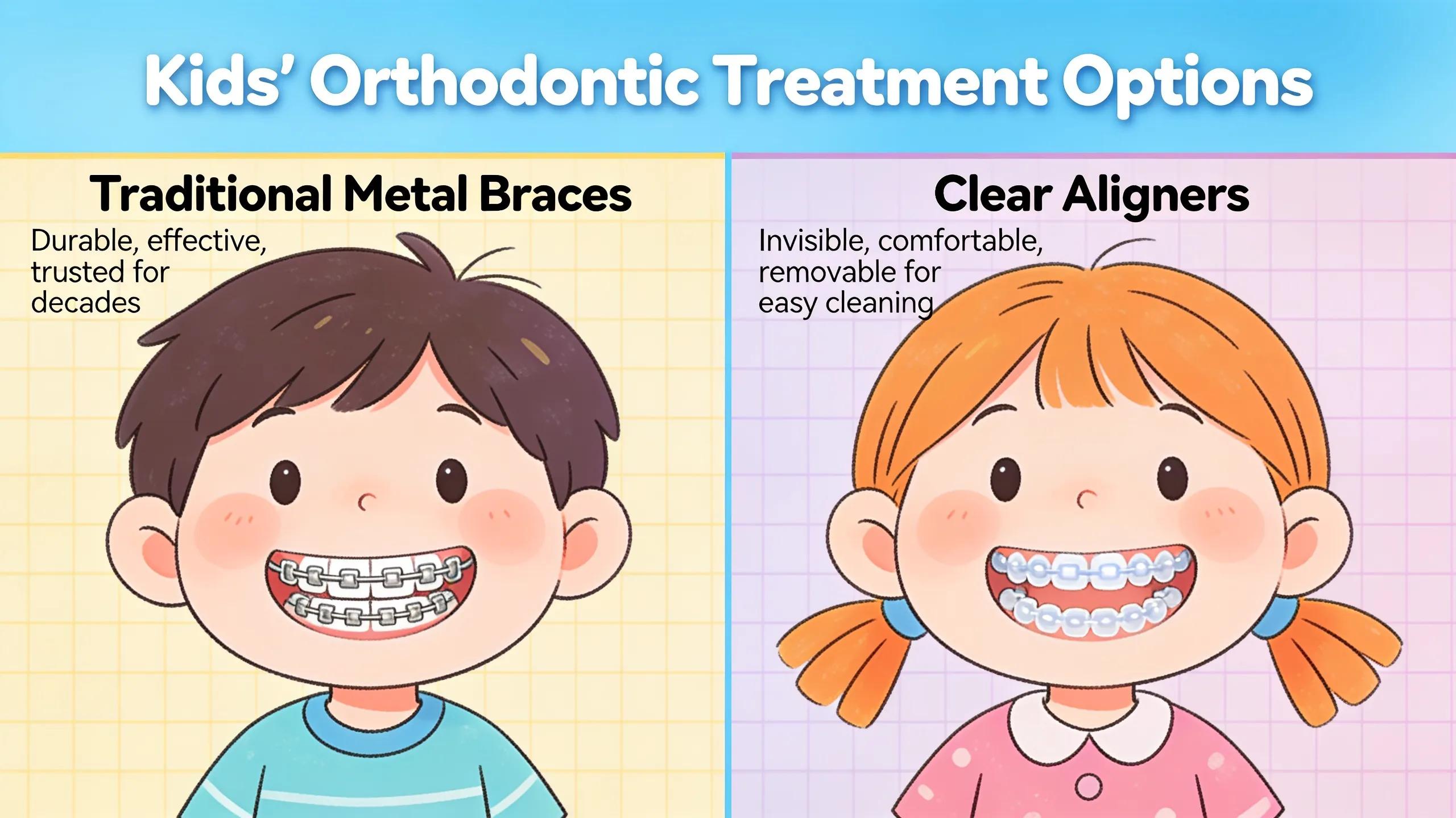 Visual comparison of braces and clear aligners for children's orthodontic treatment