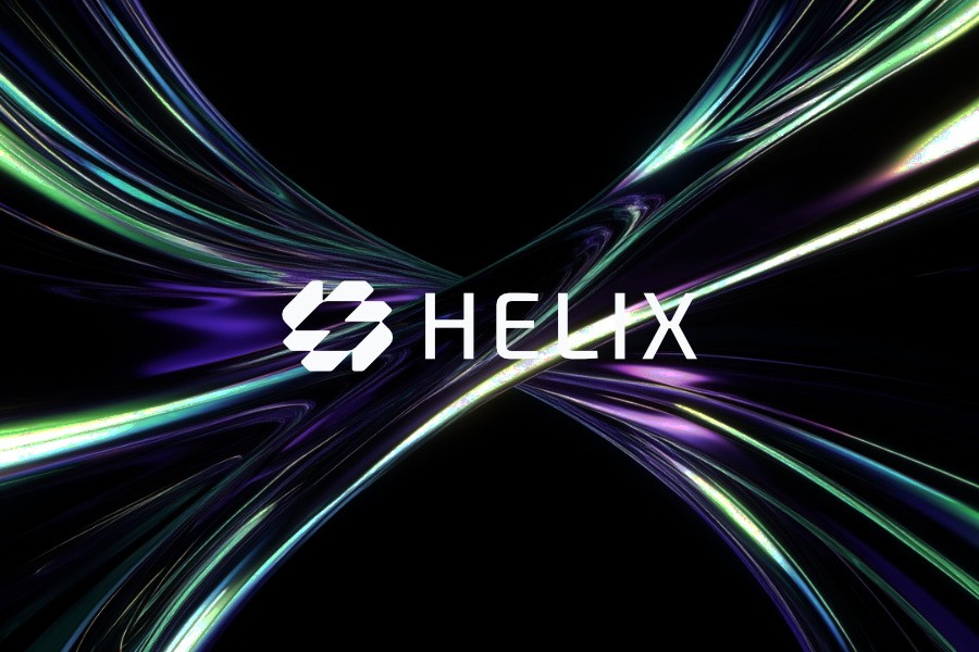 Fictional Helix brand logo over abstract green and purple light streams on black background