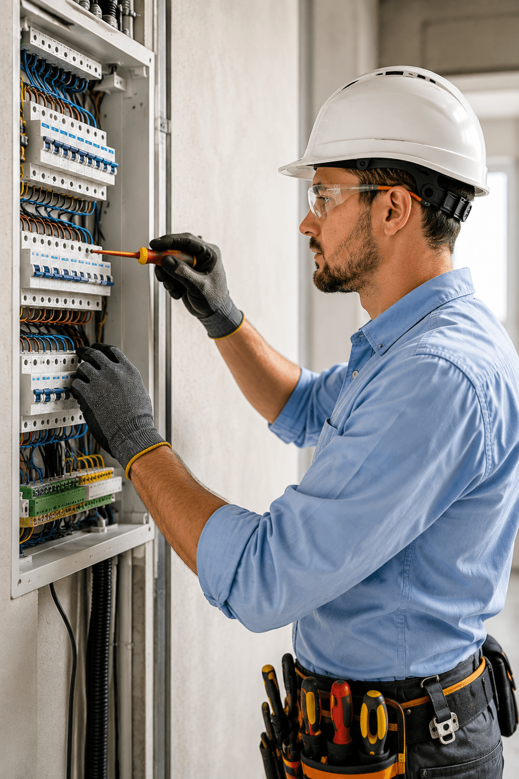 Electrician in protective gear testing a circuit on the job