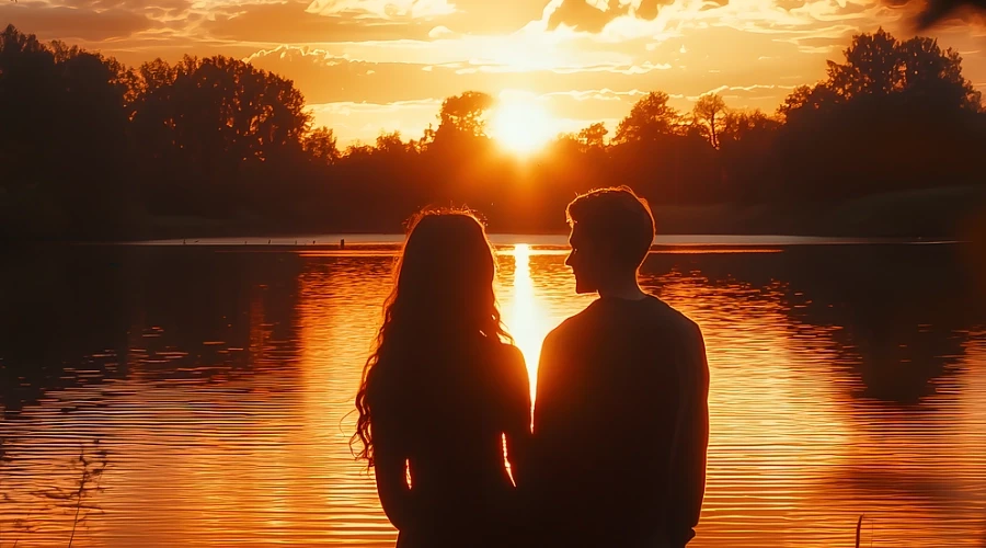 CoppiaDue persone davanti al tramonto sul lago come simbolo di unità, non separazione e crescita personale in natura