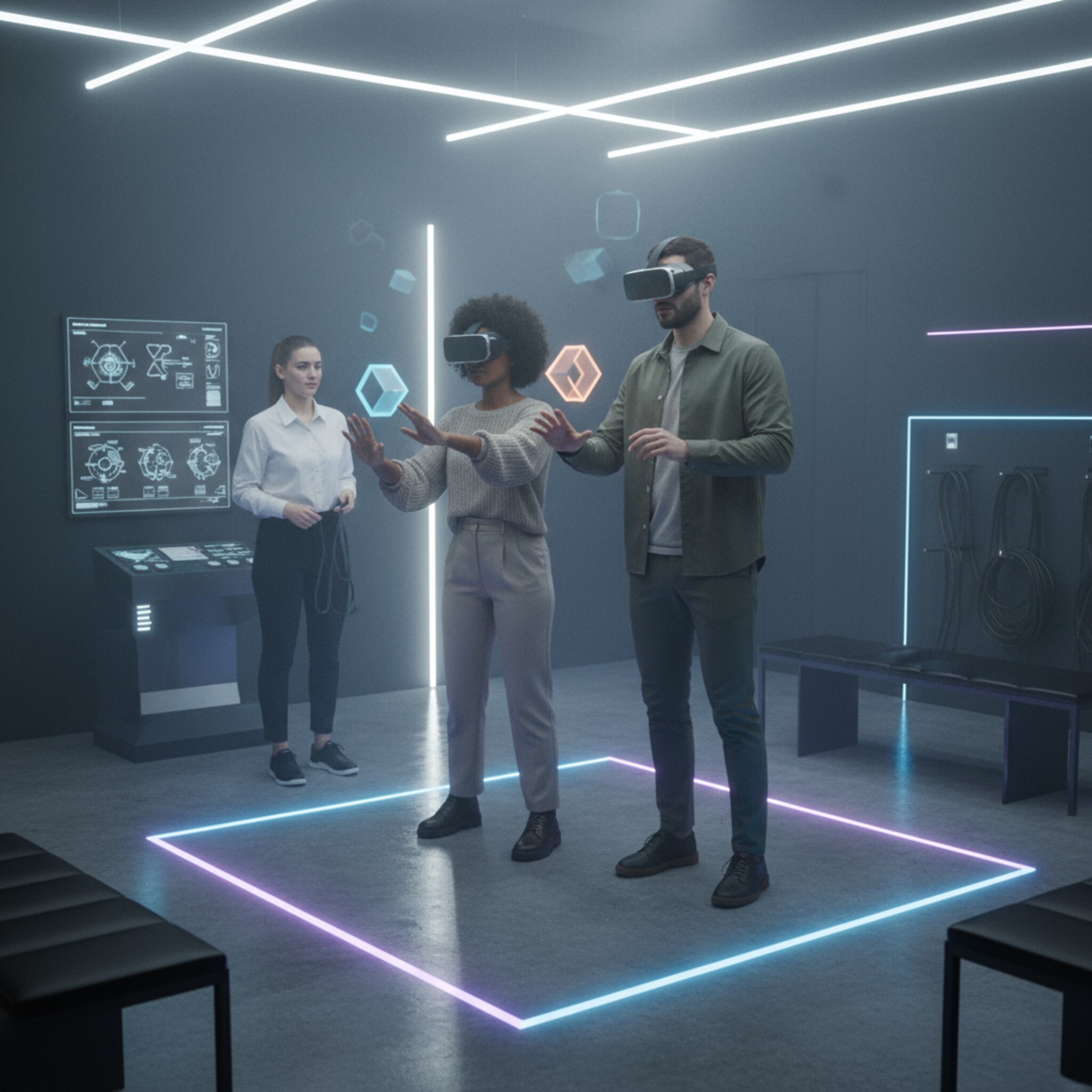 In einem abgedunkelten Raum tragen zwei Freunde leichte VR-Headsets und greifen nach leuchtenden Formen in der Luft. Neonlinien markieren die Spielfläche, feiner Nebel fängt kühles Licht ein. Eine Mitarbeiterin beobachtet den Ablauf aufmerksam, bereit für den Wechsel. Die Atmosphäre ist fokussiert, pulsierend und spielerisch.