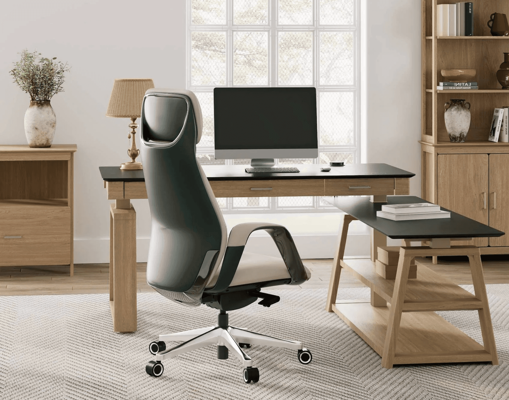 Minimal professional workspace with desk, computer, chair, and natural light, representing strategic planning and publishing experience.