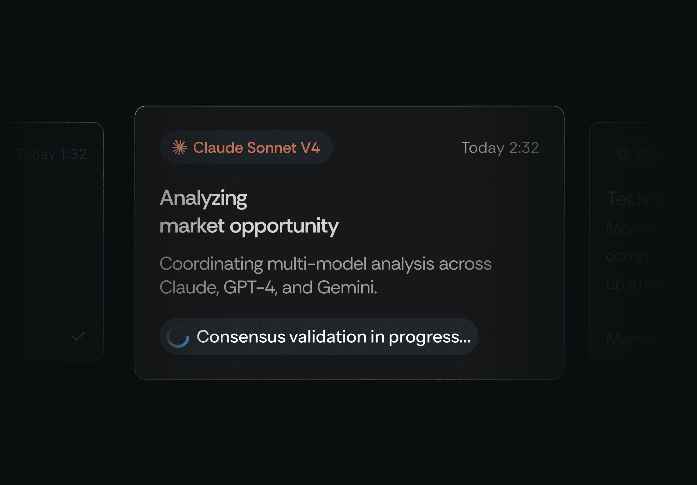 Claude AI analyzing prediction market opportunity with multi-model consensus validation in progress