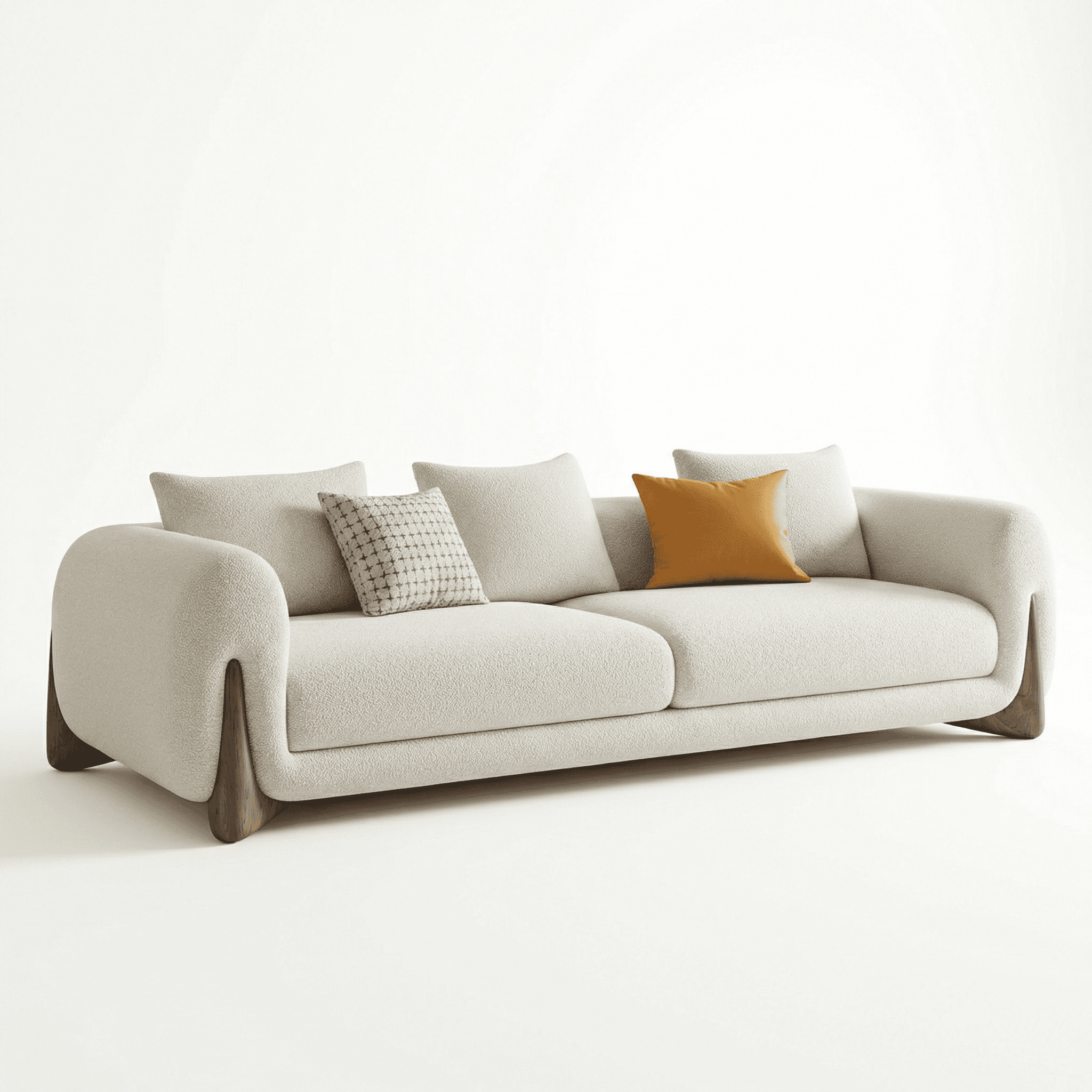 Elegant contemporary fabric sofa with curved arms and wooden base