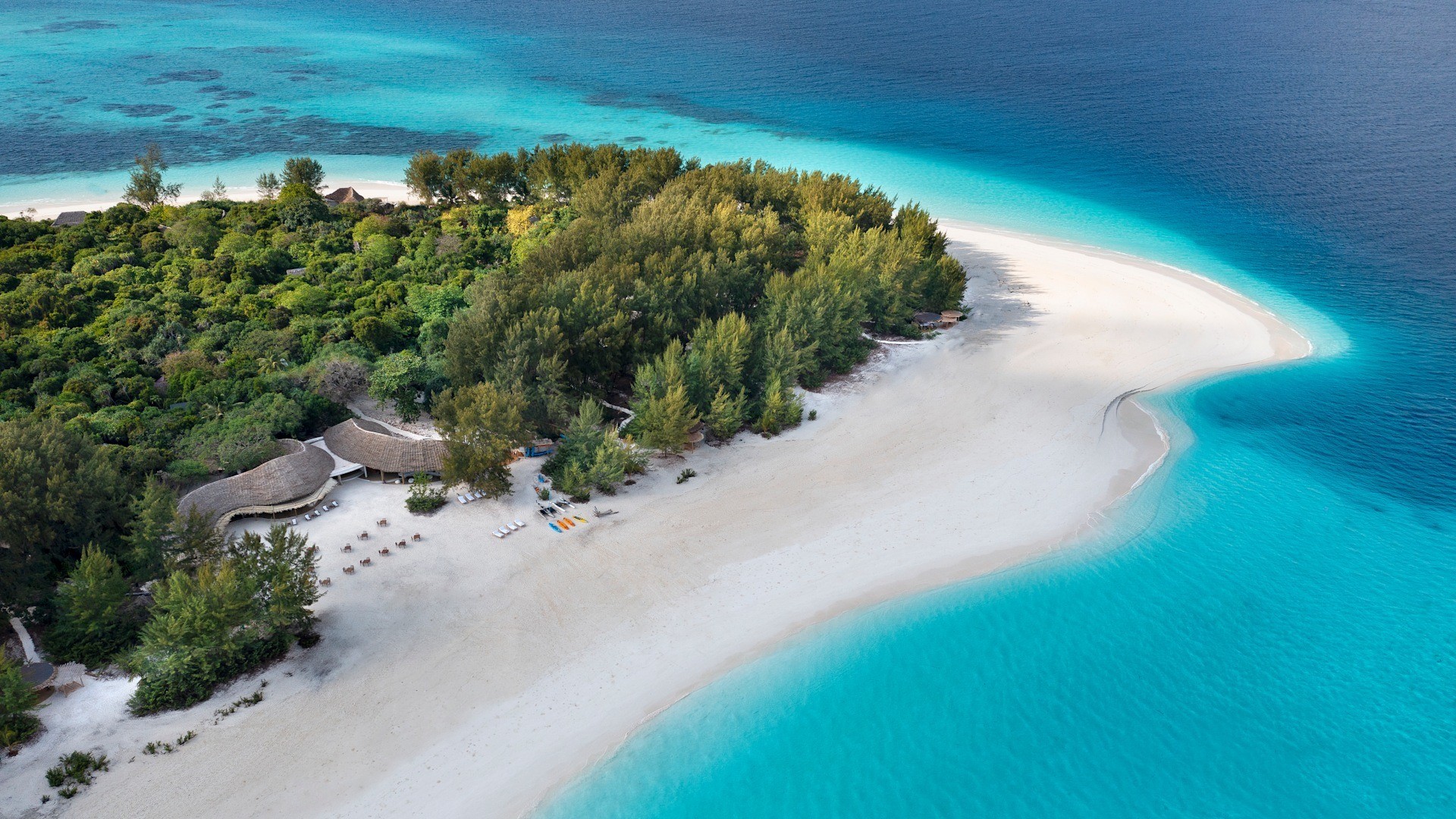 An aerial view of Mnemba Island’s white-sand coastline and turquoise water.