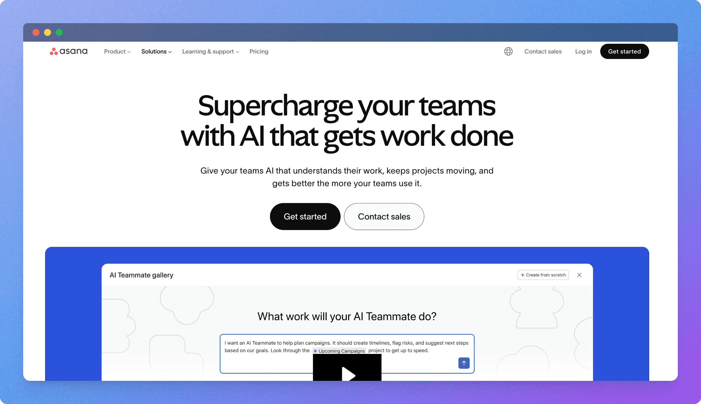 asana page highlights its ai features