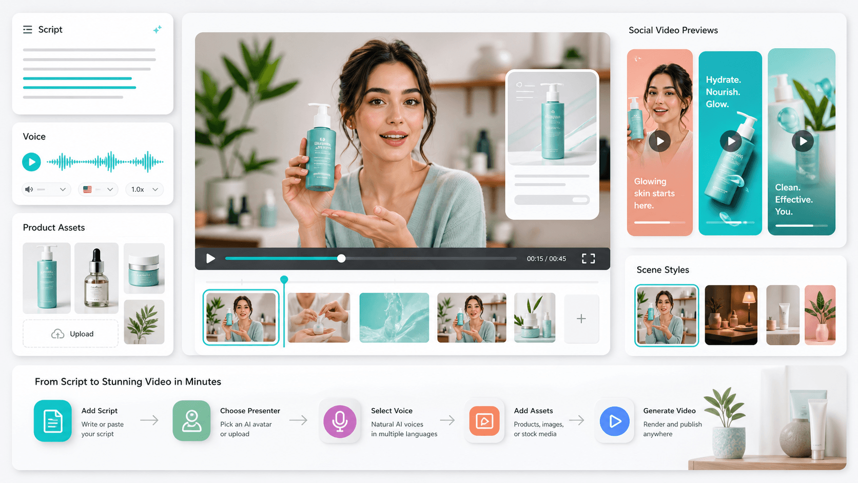 Illustrative concept of Jogg AI's script-to-video workflow for avatar-led product ads with voice and scene style options