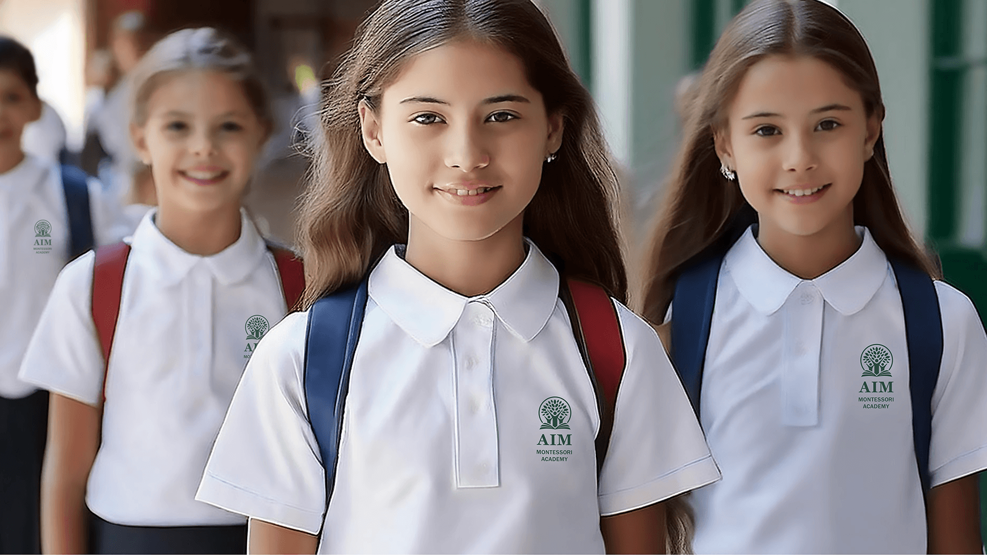 Students wearing Aim Montessori Academy branded uniforms