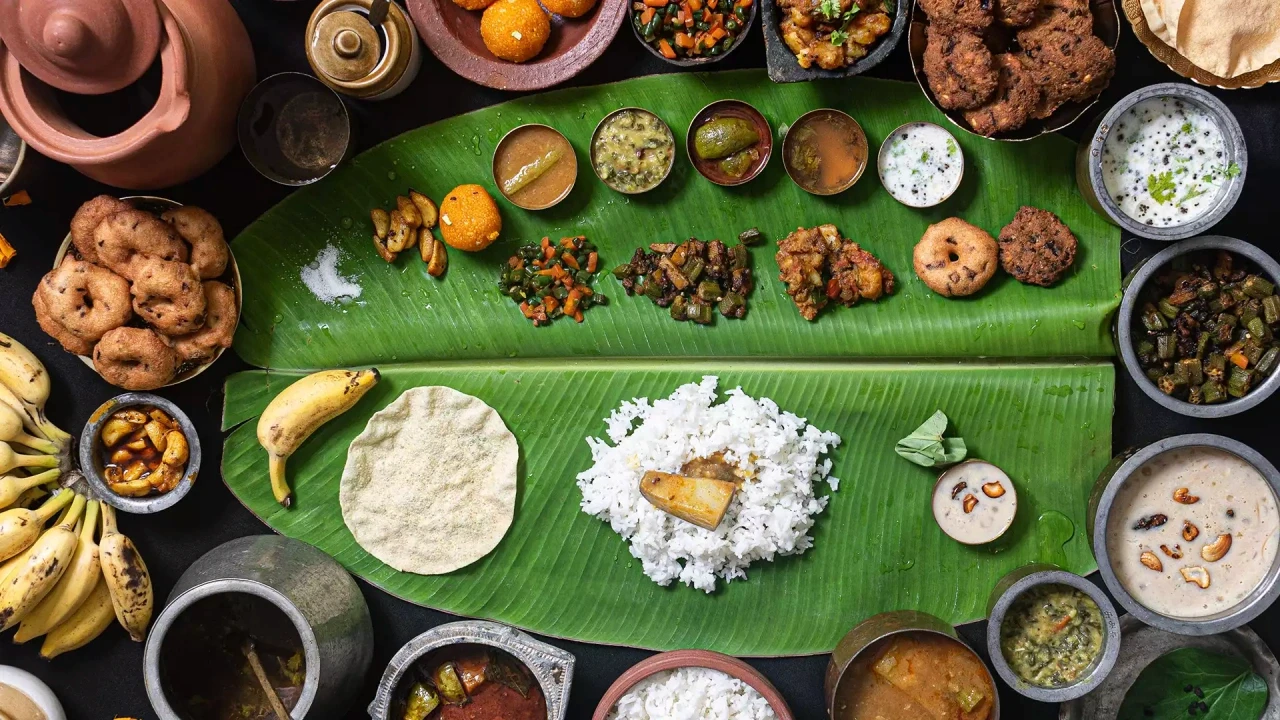 Traditional South Indian feast served on banana leaf