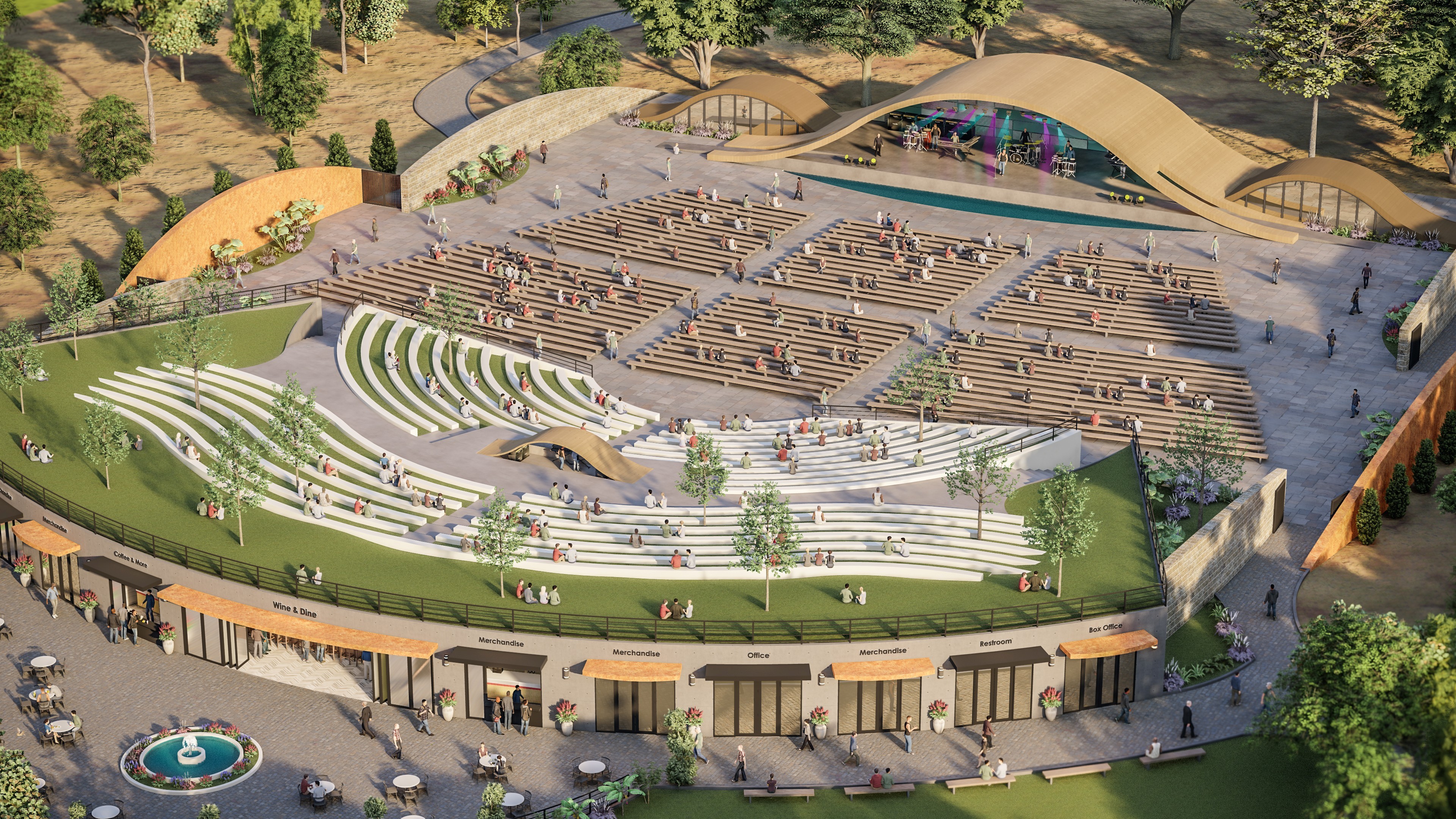 Aerial rendering of a packed amphitheater.