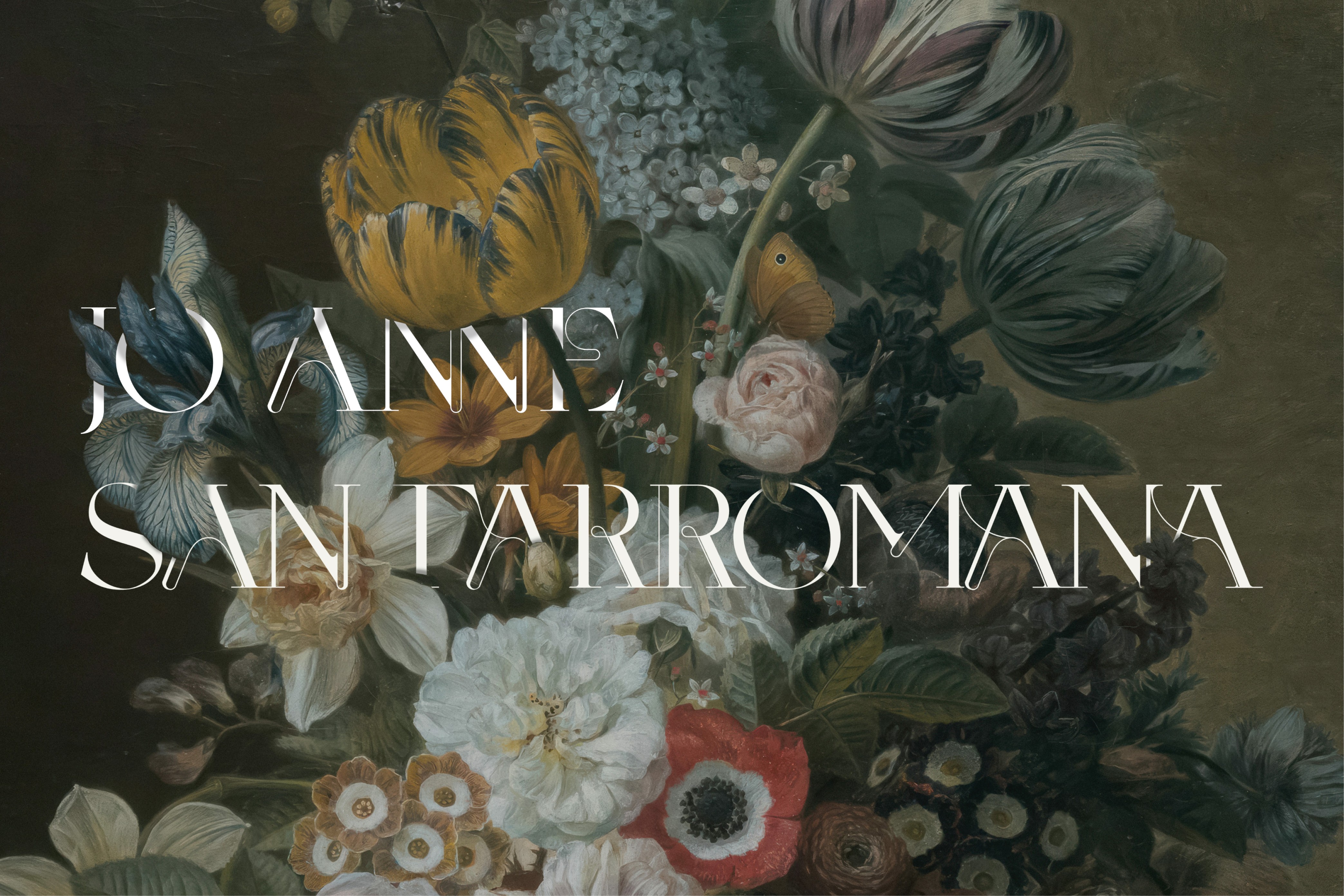 Floral-inspired brand imagery with Jo Anne Santarromana’s name overlay, embodying timeless elegance and artistic sophistication.