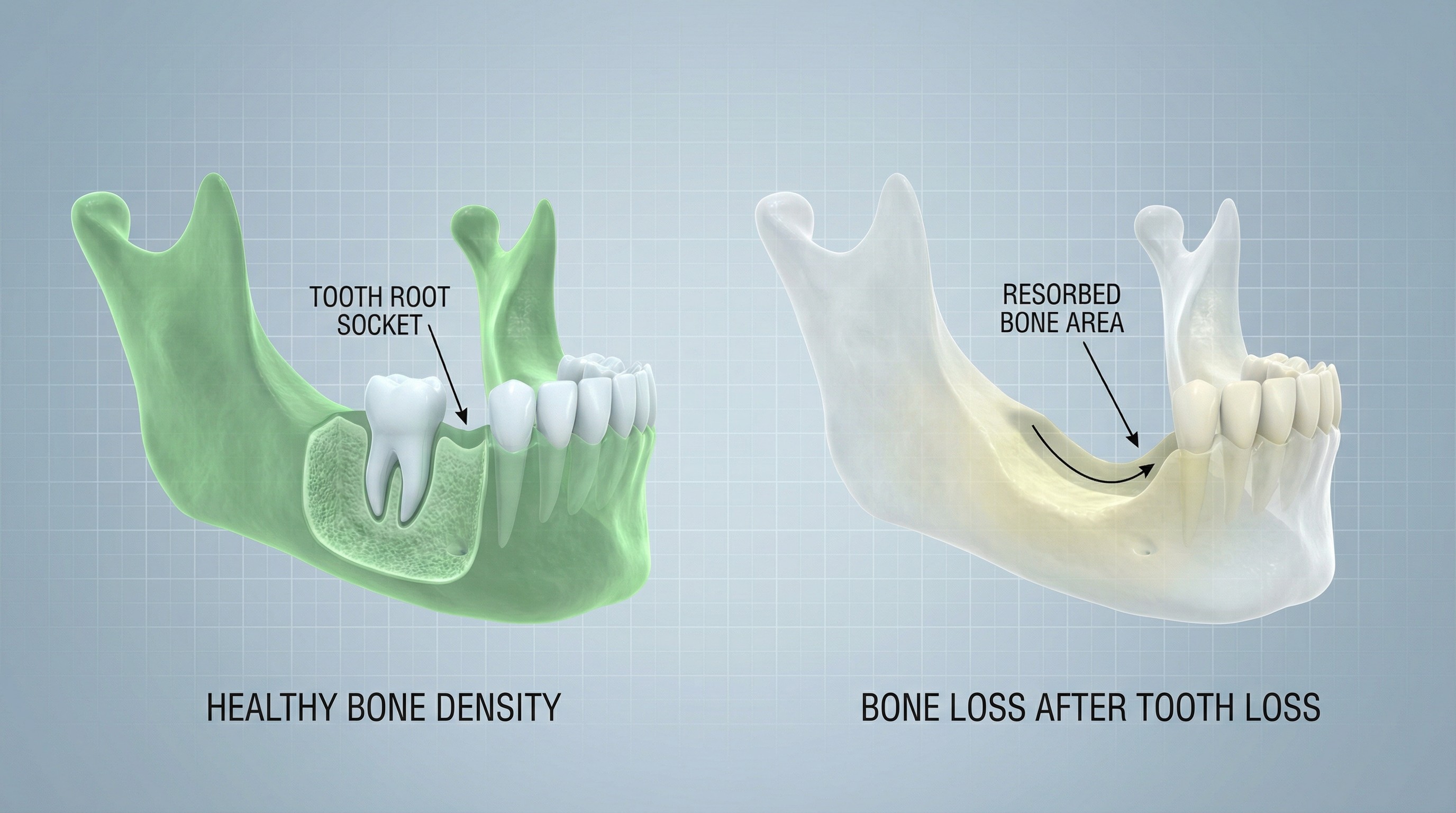 3D anatomical illustration showing jawbone loss and resorption after tooth loss, demonstrating why dental bone grafts are necessary for successful implant placement at Veda Family Dentistry.
