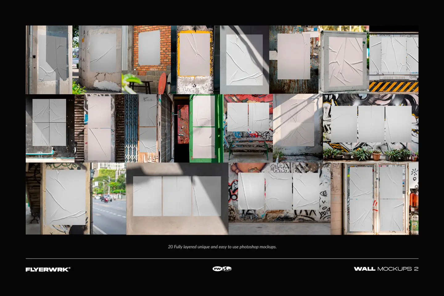 Urban poster wall mockups overview showing empty poster scenes and wall backgrounds