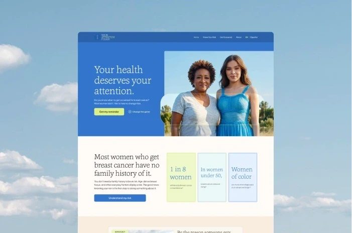 Your Attention Please homepage with high-contrast blue and cream sections, layered over a sky background.