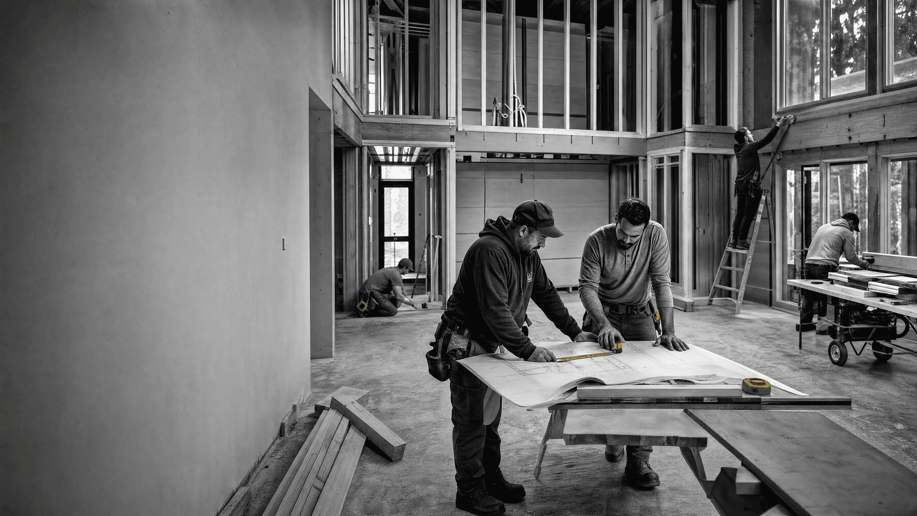 Construction crew coordinating renovation work while two builders review plans inside exposed framing.