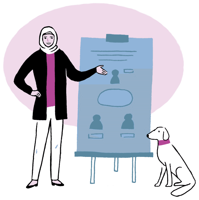 Illustration einer Frau und eines Hundes neben einem Flipchart