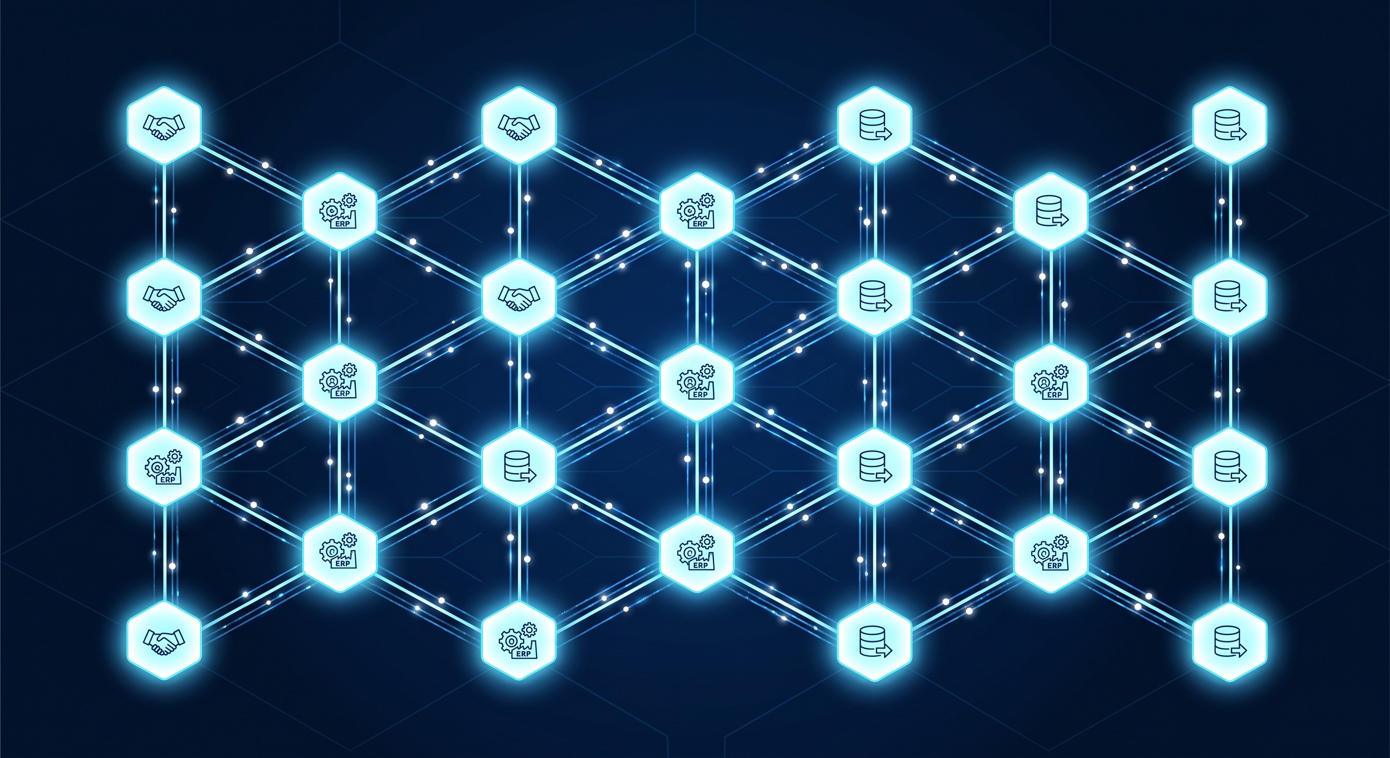 Réseau d'agents IA interconnectés dans un environnement d'entreprise, illustration flat design bleu électrique.